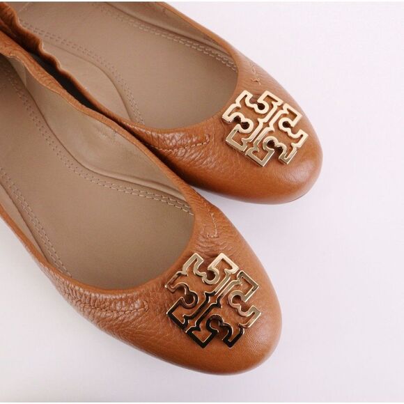 NIB Tory Burch MELINDA Ballet Flats Tumbled Leather in Royal Tan/ Gold in 7.5 - Picture 1 of 11